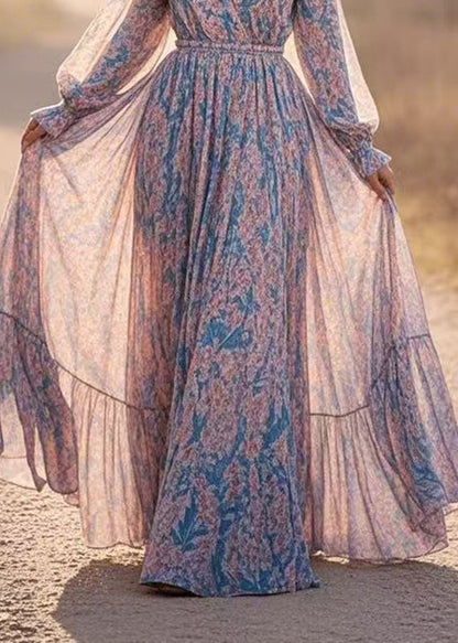 Blue Patchwork Tunic Chiffon Long Dresses Lantern Sleeve