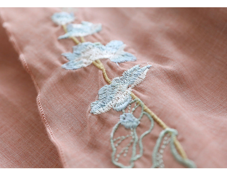Double Cotton Linen Embroidered Buckle A-line Skirt
