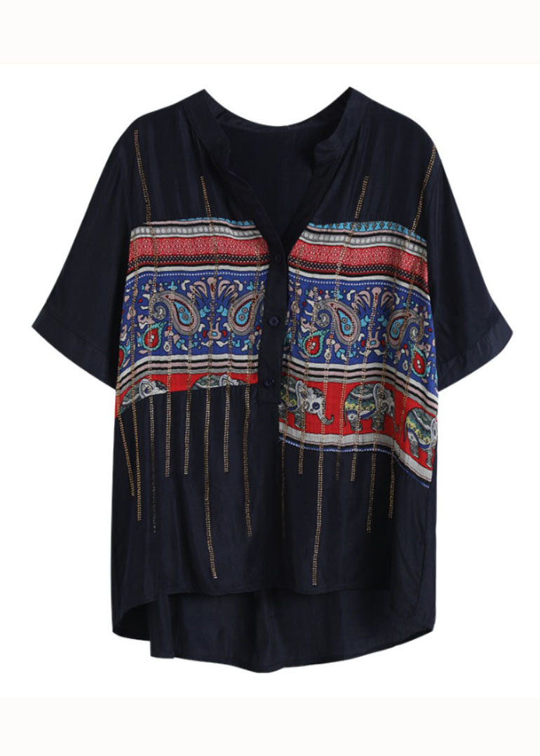 Navy Print Zircon Patchwork Cotton Shirt Tops Summer