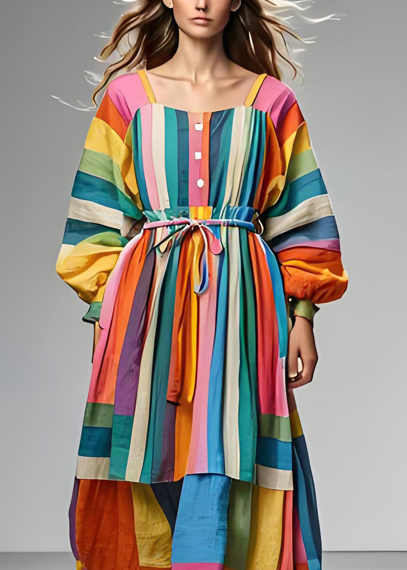 Colorblock Square Collar Tie Waist Patchwork Cotton Dress Long Sleeve