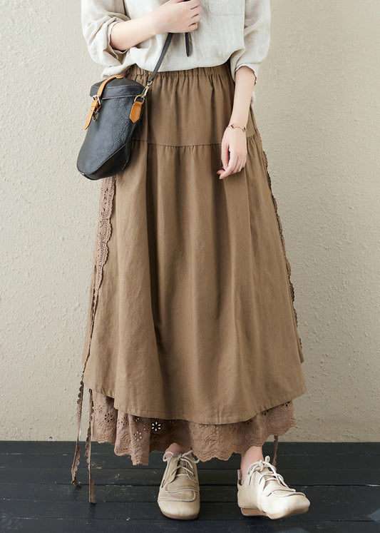Brief Khaki Embroideried Patchwork Elastic Waist Linen a Line Skirt Summer