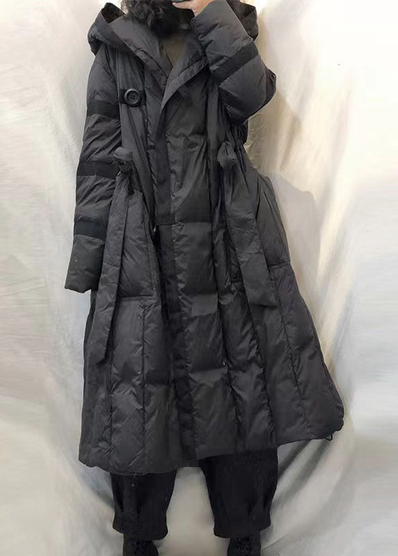 Black Hooded Tie Waist Winter Duck Down Coats