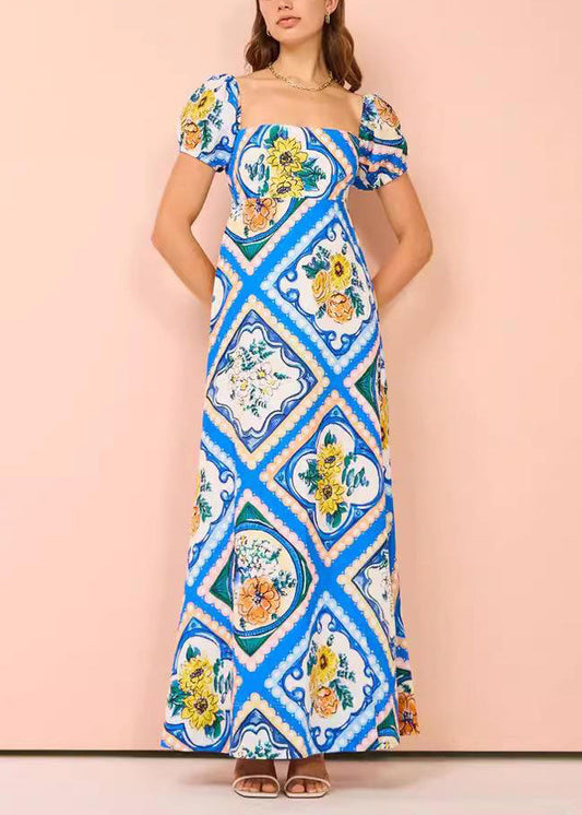 Blue Square Collar Print Long Dress Short Sleeve