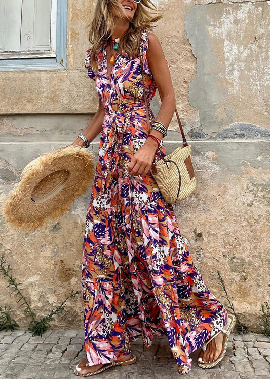 Print Tie Waist Cotton Long Dress Sleeveless