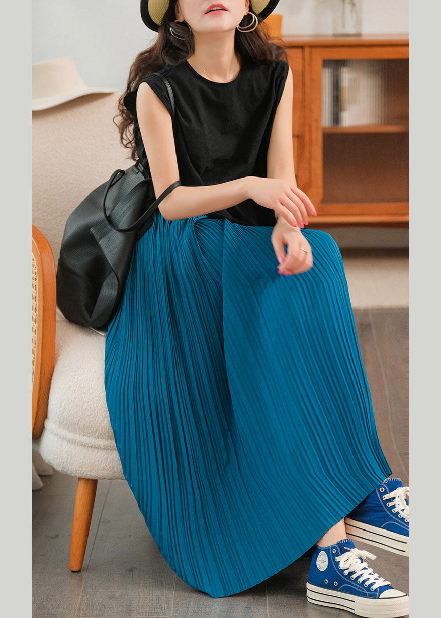 Blue Cotton Beach Skirt Elastic Waist Wrinkled