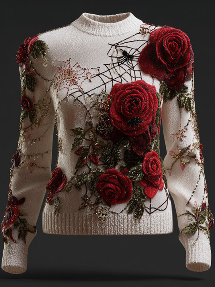 Comstylish Women's Halloween Red Rose And Spider Web Warm Round Neck Sweater