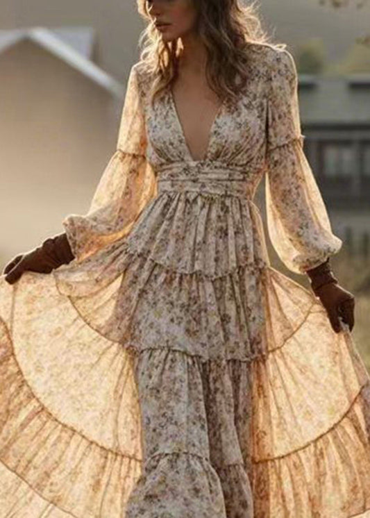 Yellow Print Patchwork Chiffon Maxi Dresses Spring