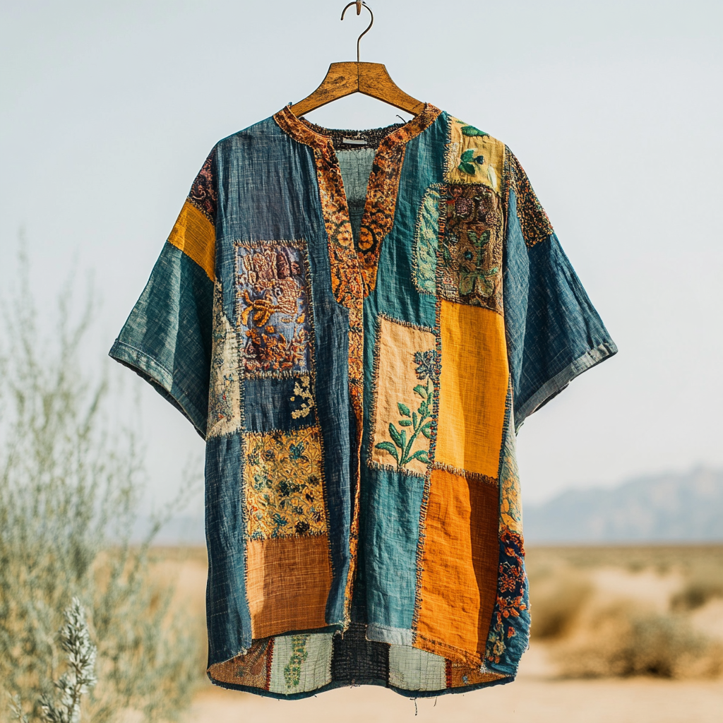 Men's  Contrast Colors Patchwork Pattern Art Linen Shirt elevenforest
