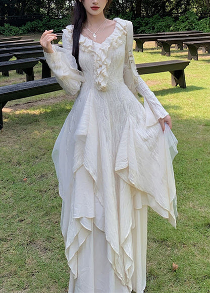 Beige Asymmetrical Ruffled Tulle Patchwork Cotton Dresses Flare Sleeve