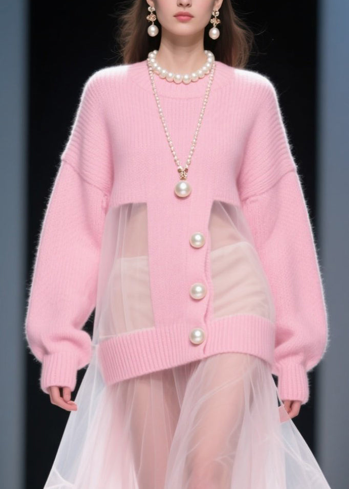 Pink O Neck Tulle Patchwork Knit Sweater Dress Fall
