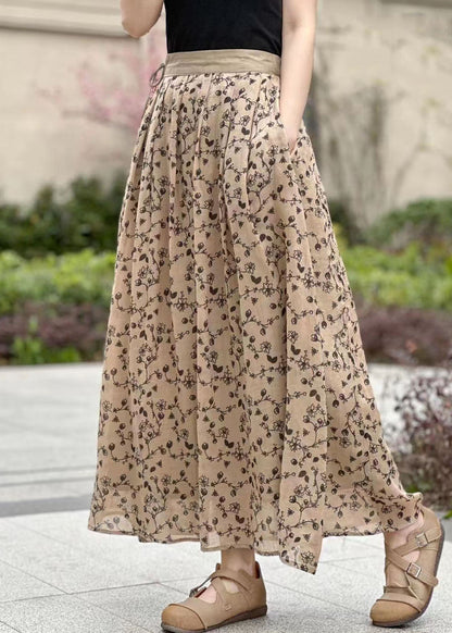 Pink Wrinkled Pockets Print Patchwork Linen Skirts Summer