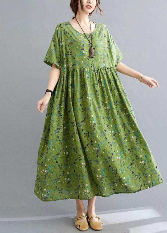 Simple Green Circle O-neck Print Summer Loose Maxi Dresses Half Sleeve