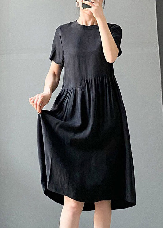 Brief Beige O-neck Patchwork Linen Dress Short Sleeve