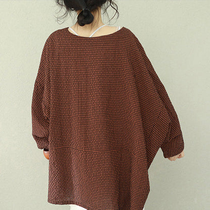 Asymmetric Cotton Fine Work Black Brown Plaid Oversized Tops