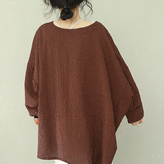 Asymmetric Cotton Fine Work Black Brown Plaid Oversized Tops