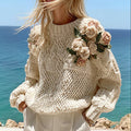 Women's Boho Rose Chunky Knit Crew Neck Aran Sweater artswardrobe