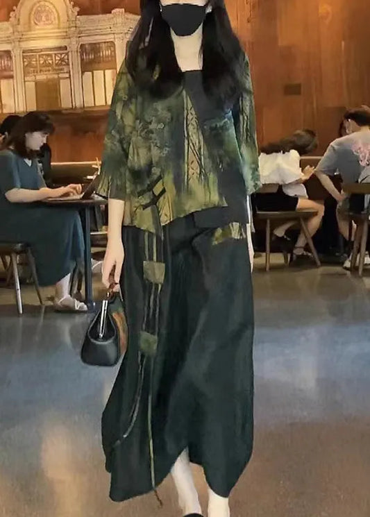 Blackish Green Asymmetrical Design Print Tops and Skirts Silk Two Pieces Set Summer
