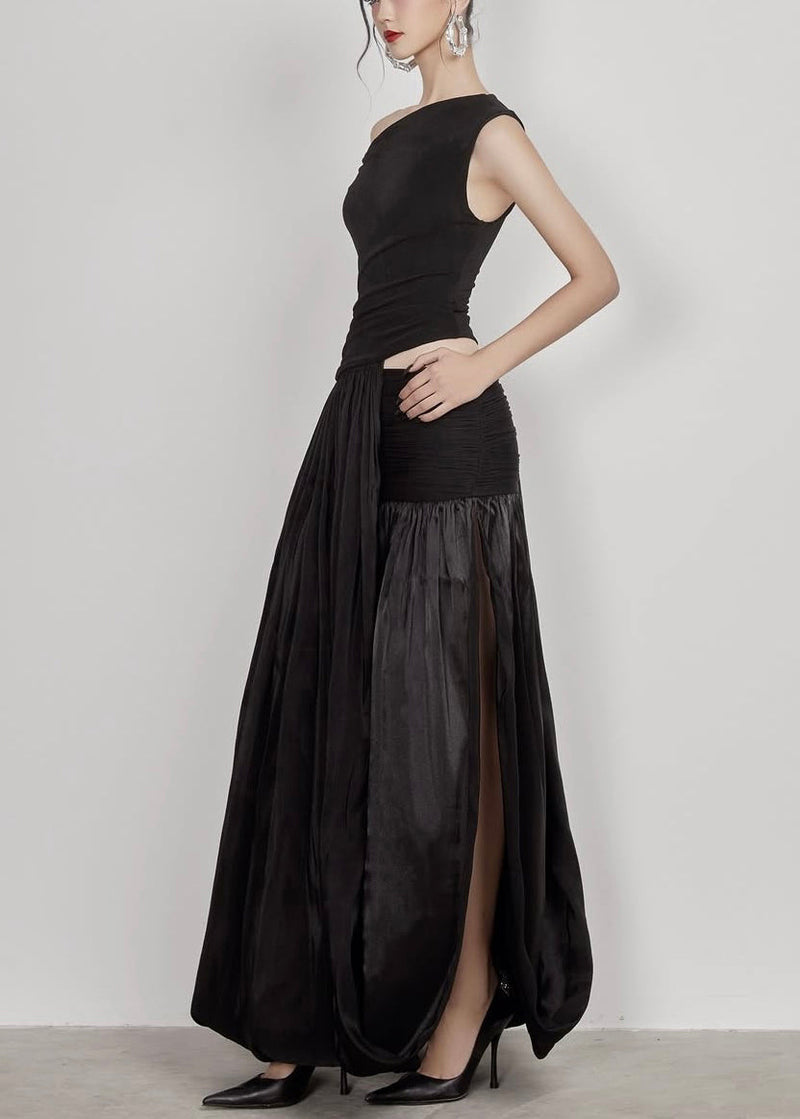 Black Side Open Cotton Long Dress Cold Shoulder Sleeveless
