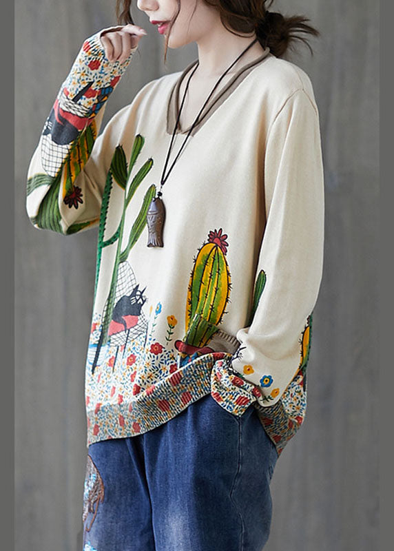 French Beige V Neck Loose Print Fall Sweater