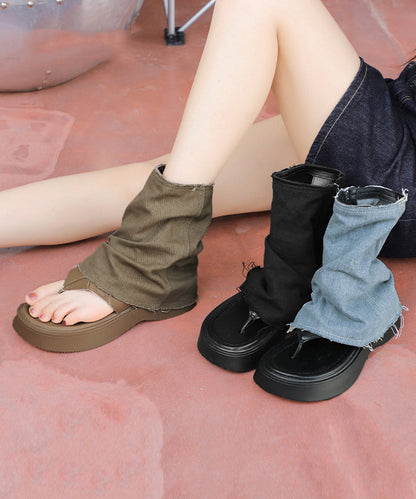 Khaki Platform Hollow Out Denim Thong Sandals Boots