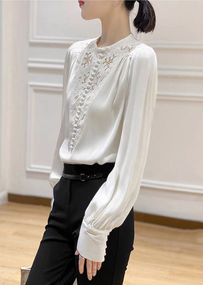 White O-neck Embroidered Silk Shirt Long Sleeve