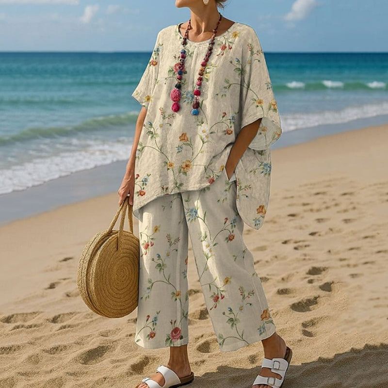 Women's Vintage Flower Print T-shirt And Pants Two Piece Set elevenforest