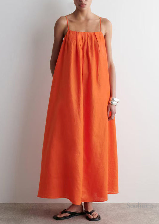 Orange Oversized Linen Spaghetti Strap Dress Summer