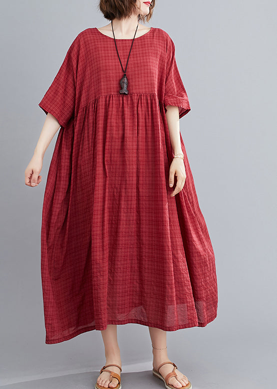 Mulberry O-neck Linen Long Dresses Short Sleeve
