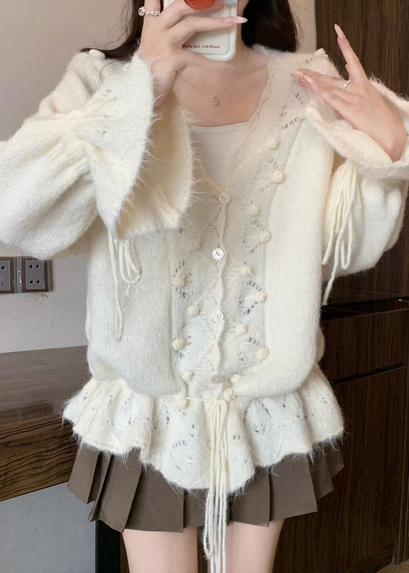 White Fuzzy Ball Decorated Drawstring Knit Cardigans Fall
