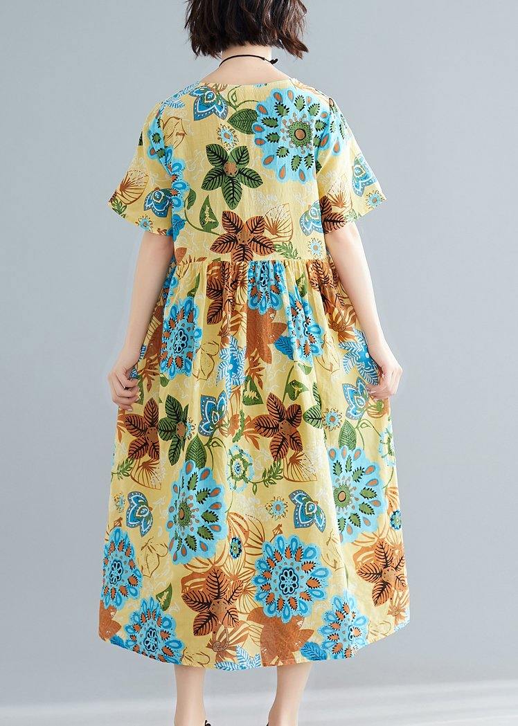 Diy Yellow Print Cotton Tunics O Neck Patchwork Summer Dress
