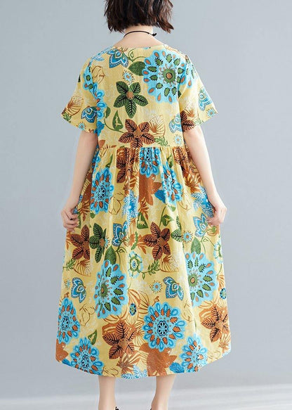 Diy Yellow Print Cotton Tunics O Neck Patchwork Summer Dress