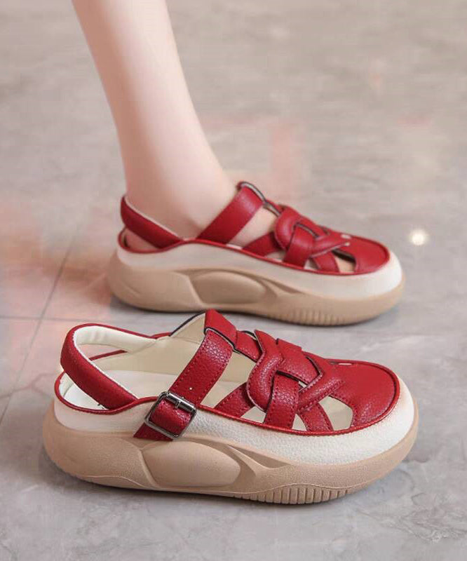 Red Hollow Out Platform Flat Sandals Splicing