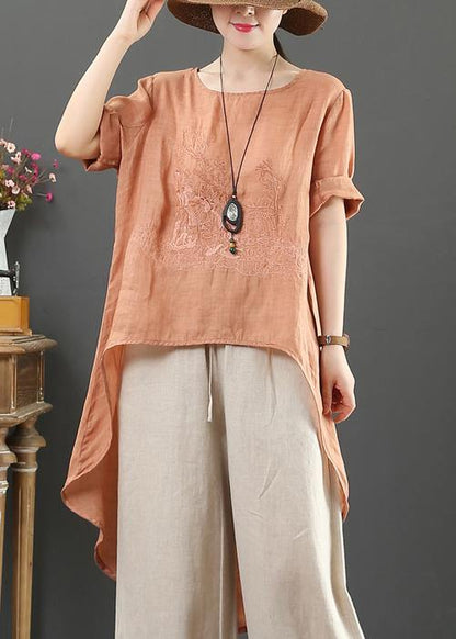 French O Neck Low High Design Cotton Blouse Orange Embroidery Short Shirt