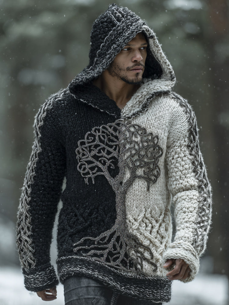 Viking Style Tree Of Life Black And White Color Blocked Hooded Sweater artswardrobe