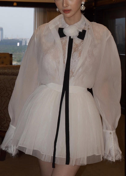 White Embroidered Lace Shirts and Skirts Tulle Two Pieces Set