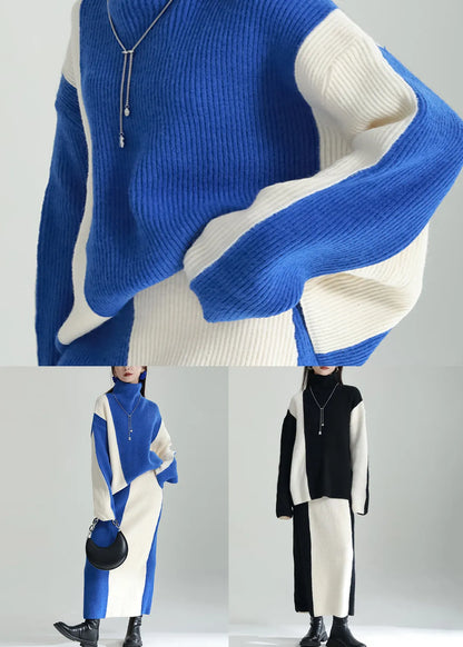 Boutique Blue Hign Neck Knit Tops and Skirts Two Pieces Set Winter