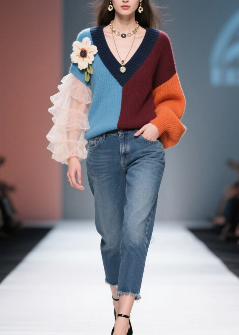New Colorblock V Neck Tulle Knit Sweater Fall
