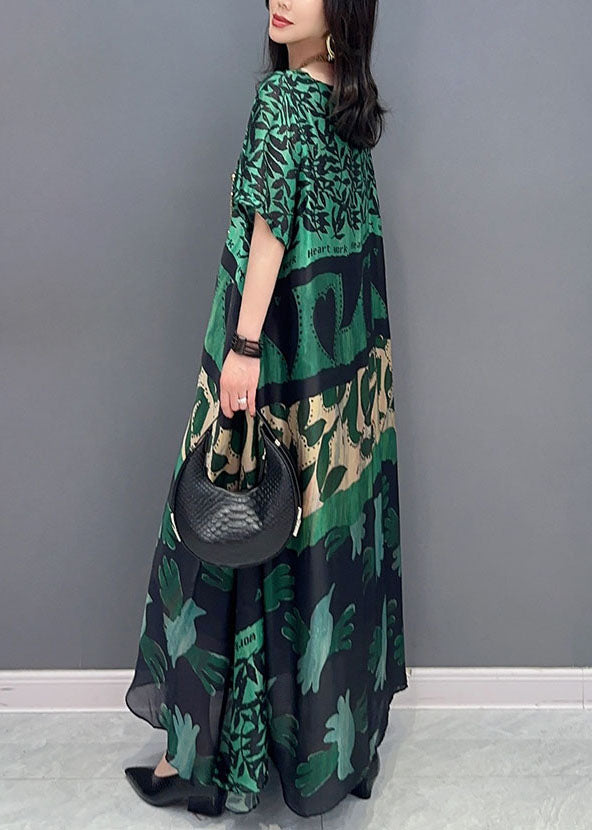 Green O Neck Pockets Print Patchwork Silk Long Dresses Summer