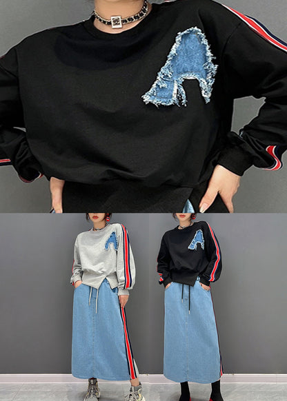 Grey O-neck Patchwork Pullover and Skirts Two Piece Suit Set Fall