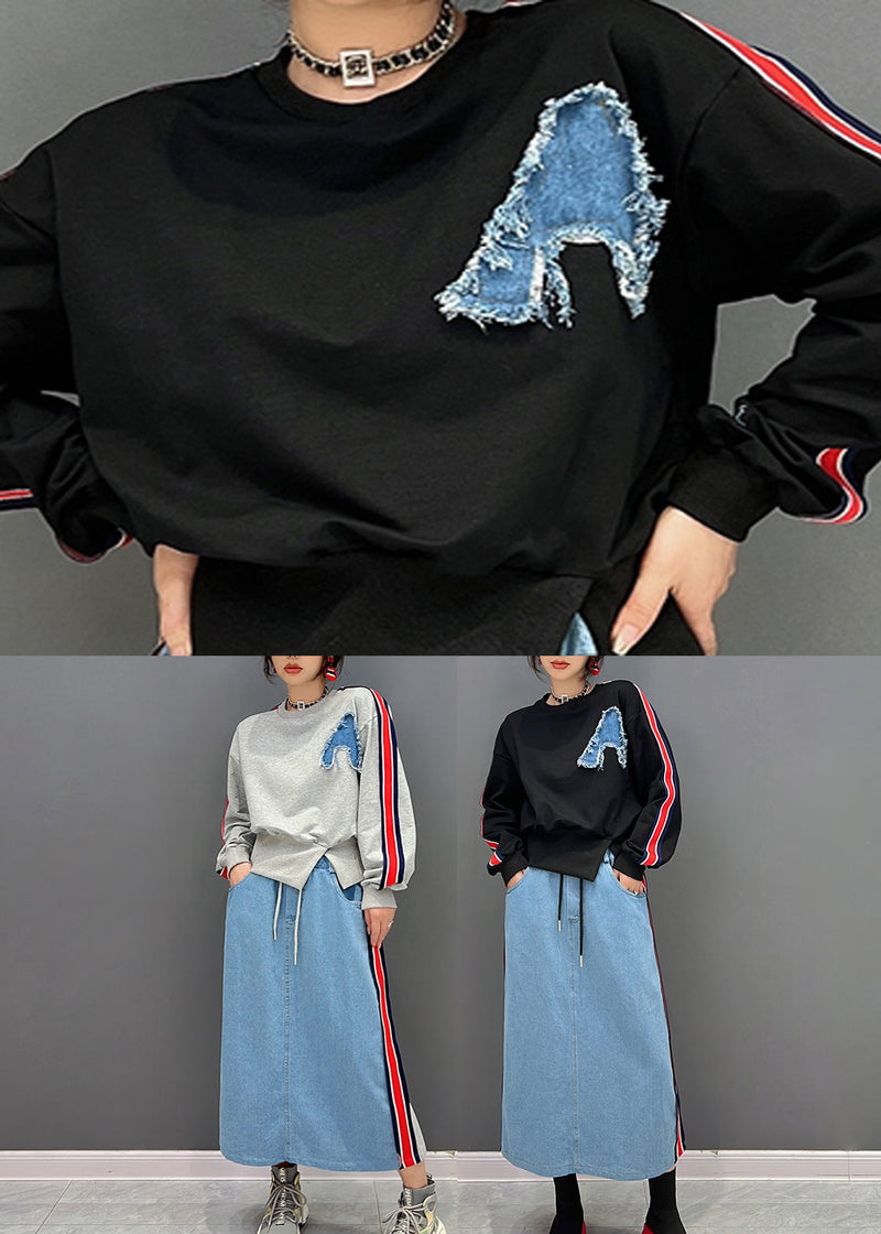Grey O-neck Patchwork Pullover and Skirts Two Piece Suit Set Fall