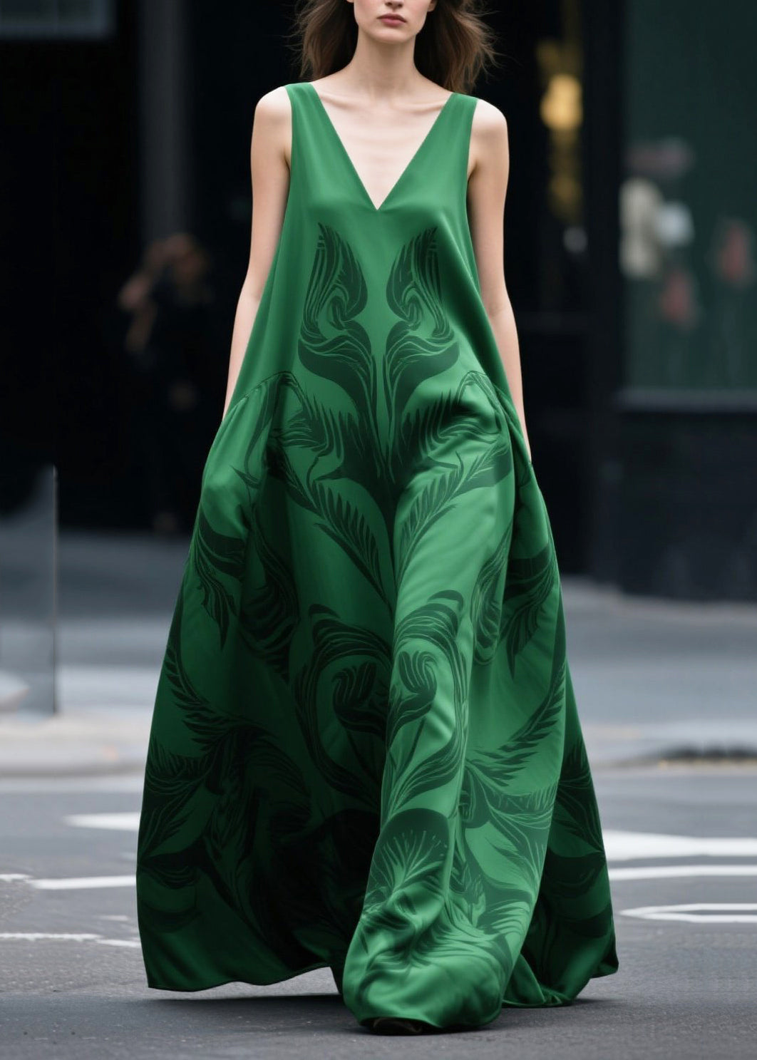 Tea Green Oversized Print Chiffon Holiday Dress Sleeveless