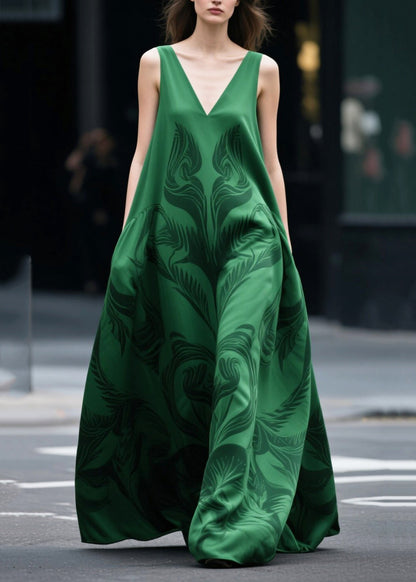 Tea Green Oversized Print Chiffon Holiday Dress Sleeveless