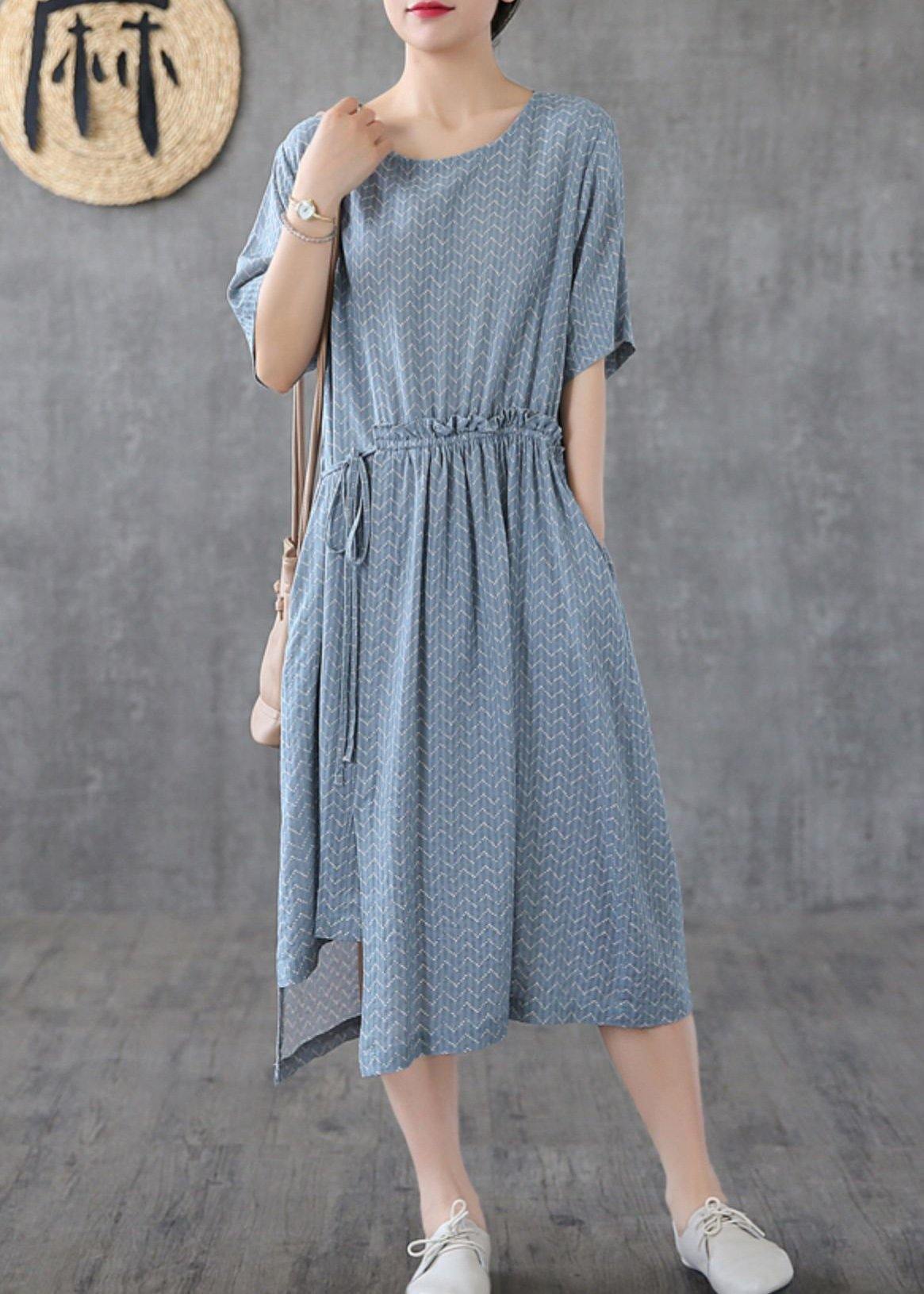 O Neck Asymmetric Cotton Linen Dresses Catwalk Khaki Print Dresses Summer