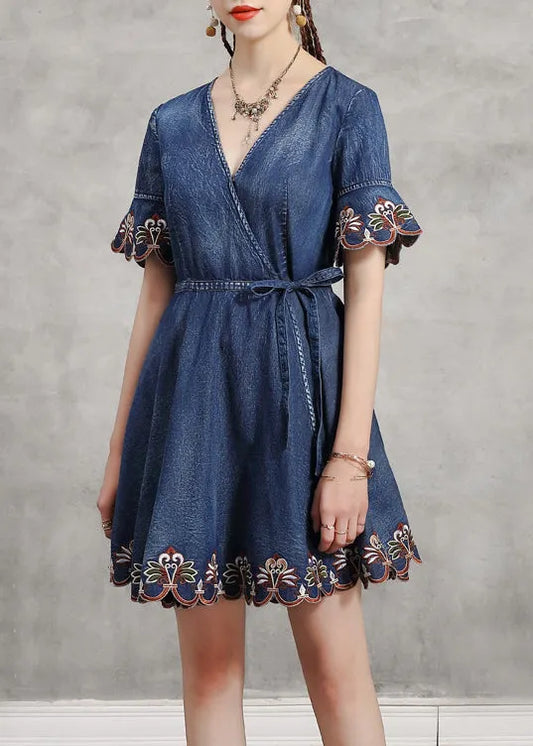 Unique Blue Tie Waist V Neck Embroideried Cotton Denim Dress Flare Sleeve