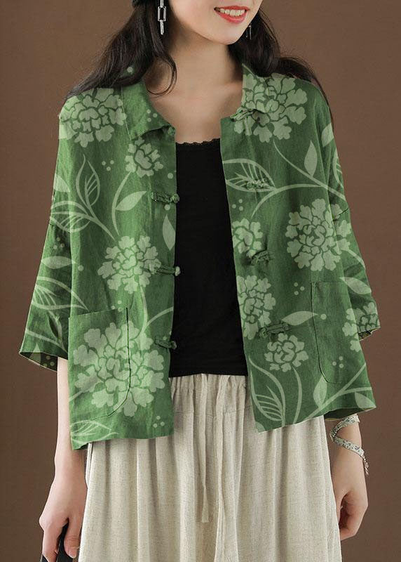 Green Peter Pan Collar Pockets Summer Linen Top