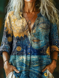 Women's Mysterious Sun Goddess Art Print Casual Cotton and Linen 3/4 S