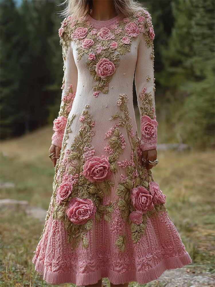 Comstylish Vintage Pink Floral Gradient Cozy Knit Maxi Sweater Dress