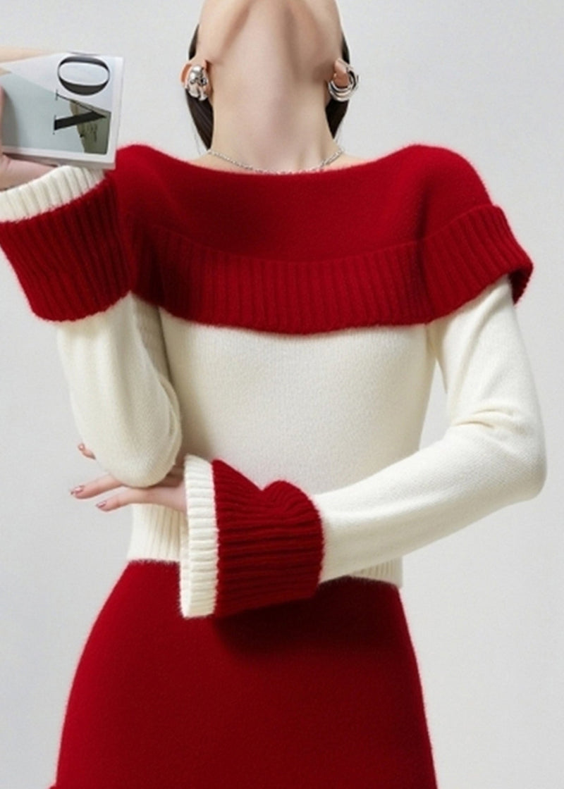 Colorblock Slash Neck Patchwork Knit Sweater and Skirt Two Pieces Set Fall