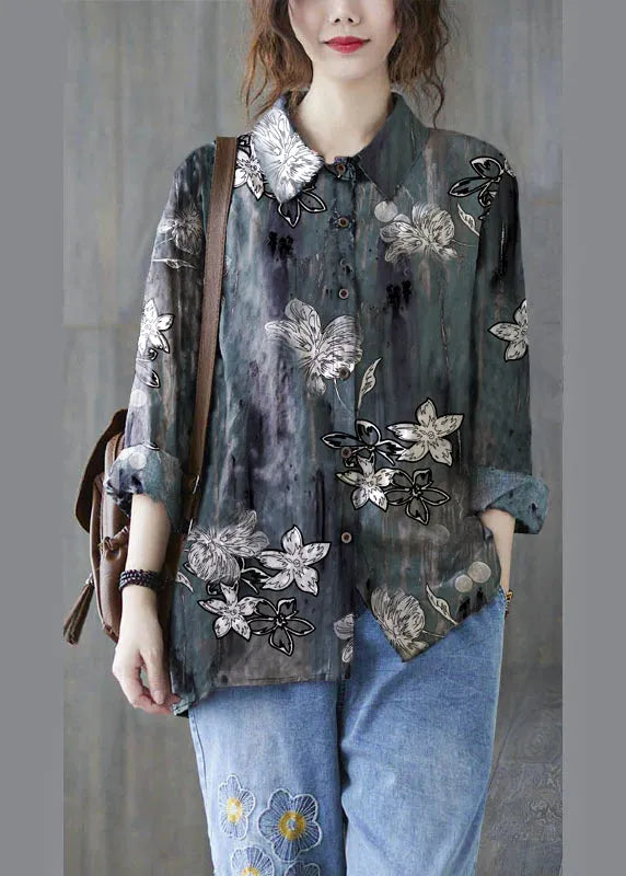 Unique Grey Peter Pan Collar Button Print Fall Blouses Long Sleeve