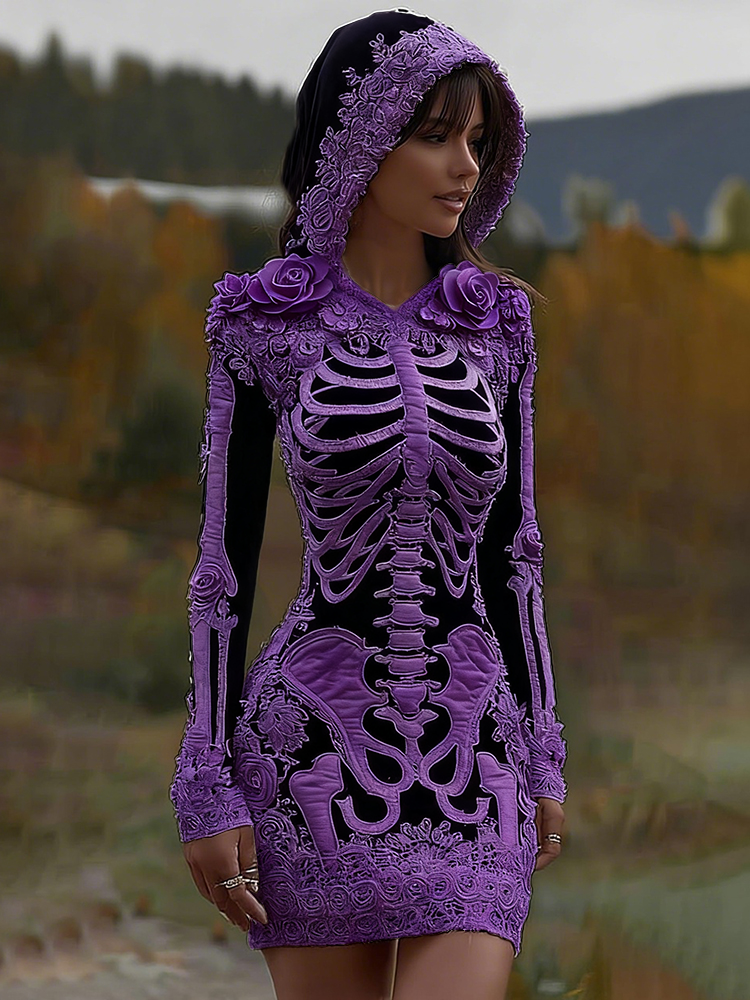 Comstylish Women's Vintage Halloween Skeleton Bones With Rose Art Cozy Knit Hooded Sweater Dress